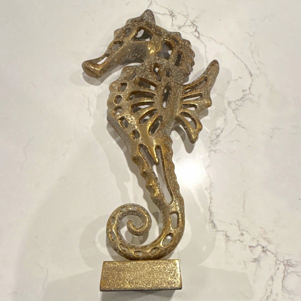 Gold Metal Seahorse Figurine 16 in Free Standing Nautical Sea Life Decor